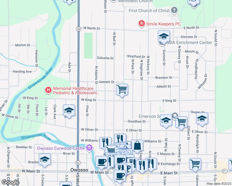 map of restaurants, bars, coffee shops, grocery stores, and more near 701 North Washington Street in Owosso