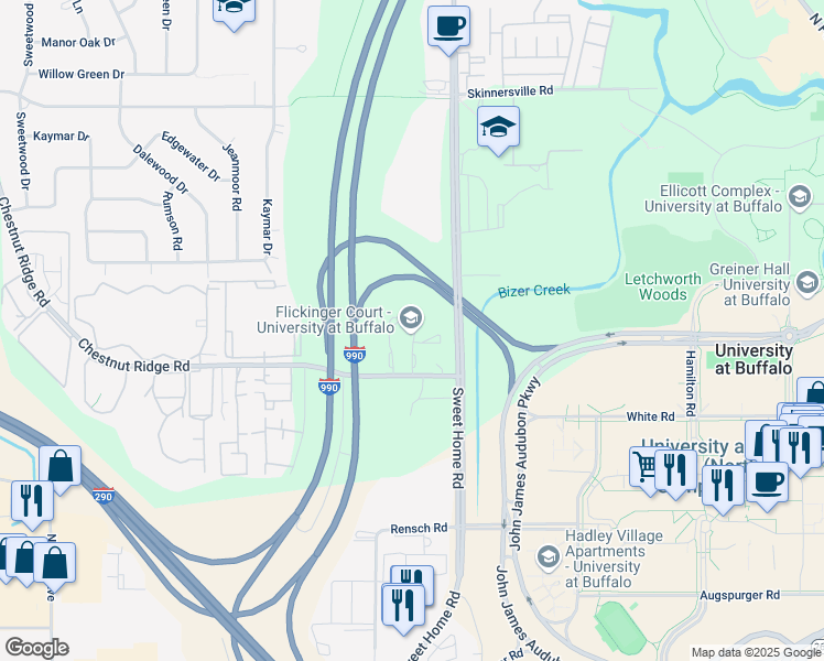 map of restaurants, bars, coffee shops, grocery stores, and more near Flickinger Court in Buffalo
