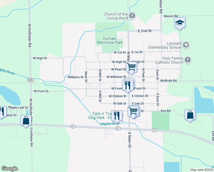 map of restaurants, bars, coffee shops, grocery stores, and more near 225 West Front Street in Ovid