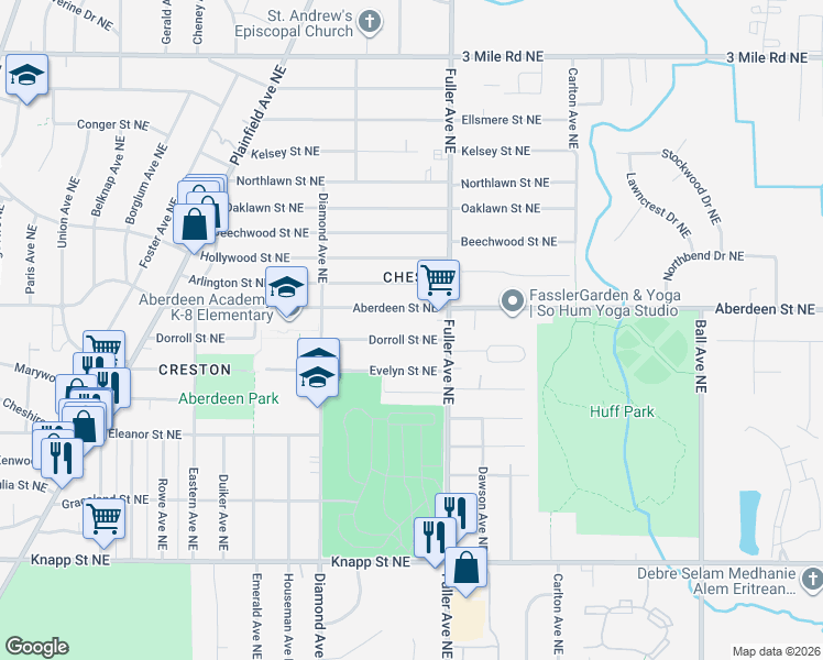 map of restaurants, bars, coffee shops, grocery stores, and more near 1138 Dorroll Street Northeast in Grand Rapids