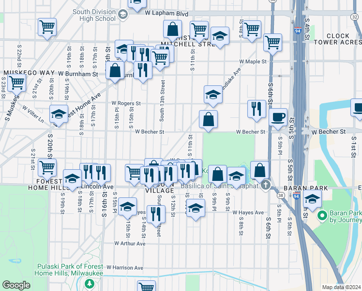 map of restaurants, bars, coffee shops, grocery stores, and more near 1134-1136 West Grant Street in Milwaukee