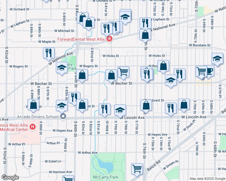 map of restaurants, bars, coffee shops, grocery stores, and more near 2156 South 80th Street in West Allis