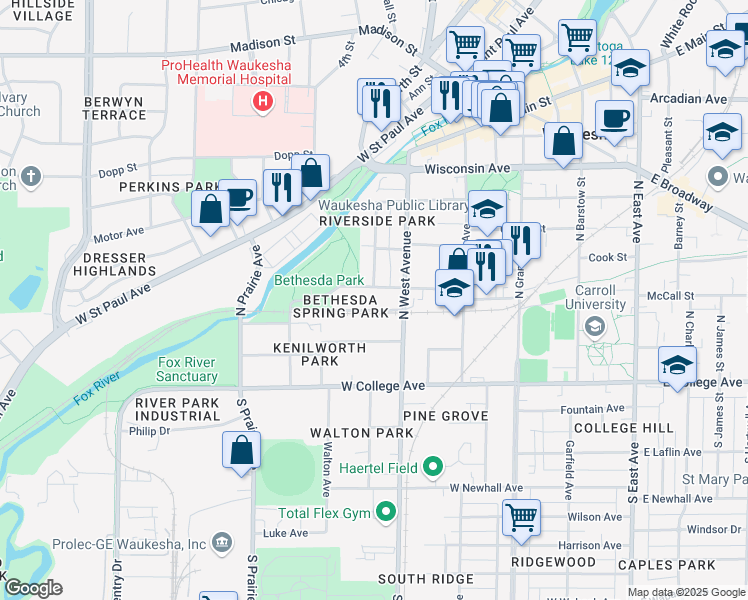 map of restaurants, bars, coffee shops, grocery stores, and more near 218 North West Avenue in Waukesha