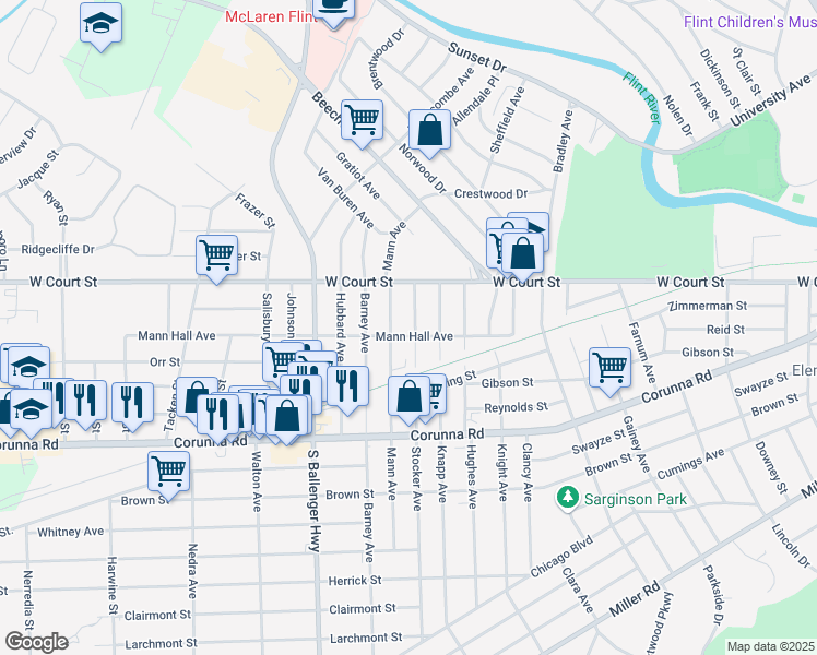 map of restaurants, bars, coffee shops, grocery stores, and more near 940 Stocker Avenue in Flint