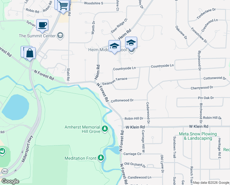 map of restaurants, bars, coffee shops, grocery stores, and more near 639 Cottonwood Drive in Buffalo