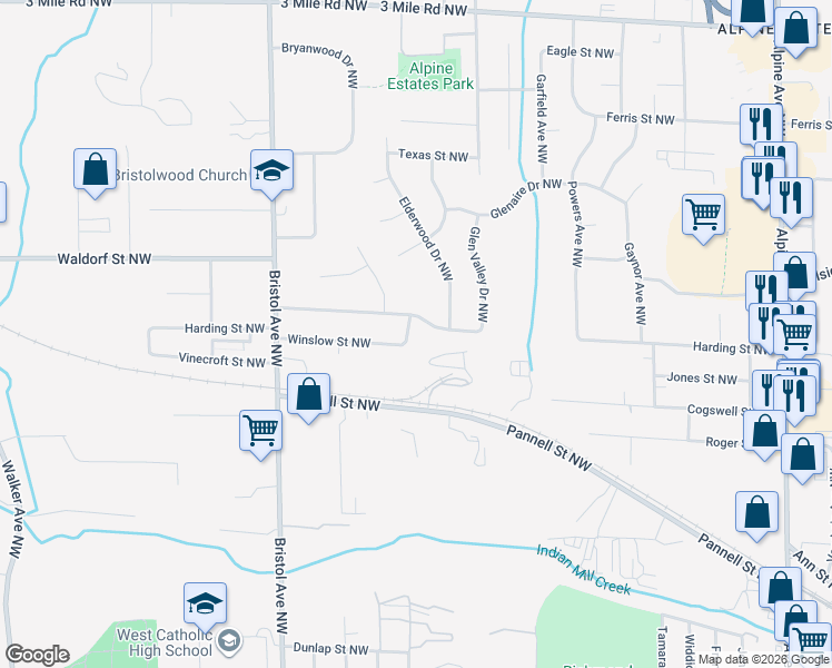 map of restaurants, bars, coffee shops, grocery stores, and more near 1380 Harding Street Northwest in Grand Rapids