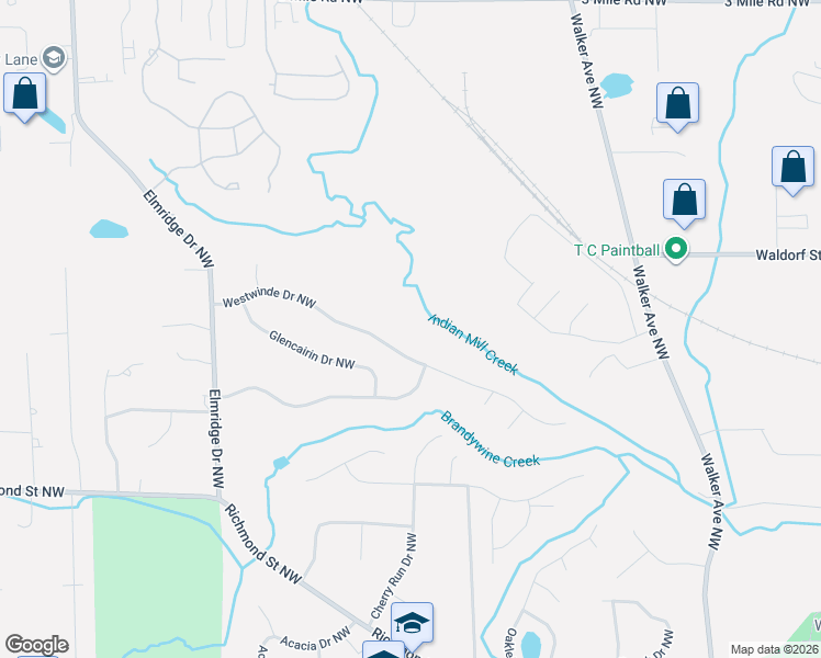 map of restaurants, bars, coffee shops, grocery stores, and more near 2449 Westwinde Drive Northwest in Grand Rapids