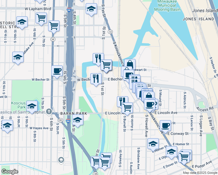 map of restaurants, bars, coffee shops, grocery stores, and more near 135 East Becher Street in Milwaukee