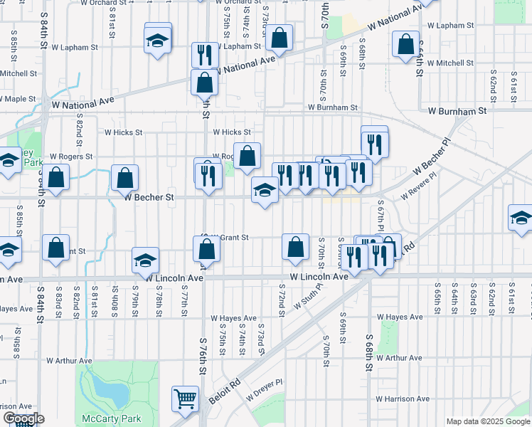 map of restaurants, bars, coffee shops, grocery stores, and more near 7229 West Becher Street in West Allis