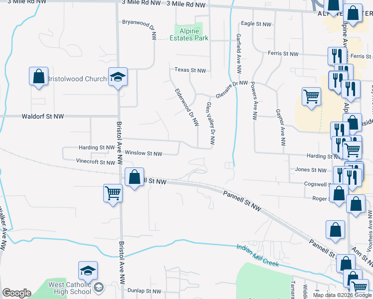 map of restaurants, bars, coffee shops, grocery stores, and more near 1380 Harding Street Northwest in Grand Rapids