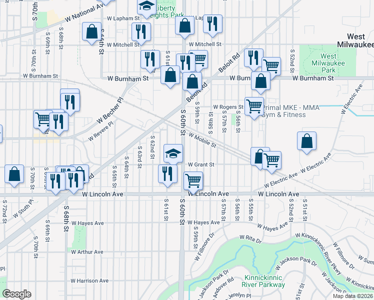 map of restaurants, bars, coffee shops, grocery stores, and more near 2186 South 60th Street in West Allis
