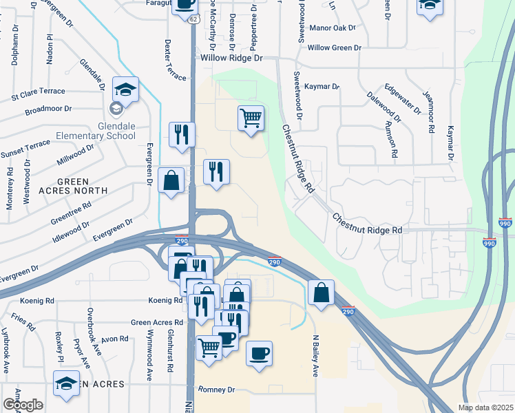 map of restaurants, bars, coffee shops, grocery stores, and more near 125 Inn Keepers Lane in Buffalo