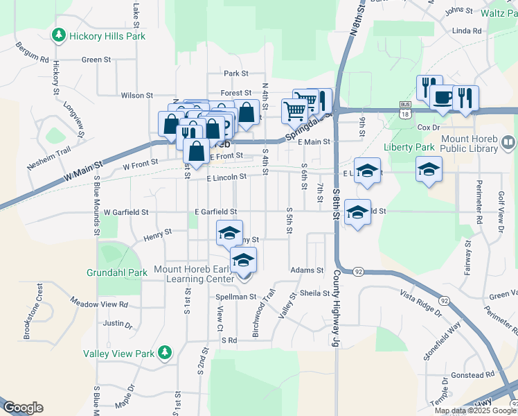 map of restaurants, bars, coffee shops, grocery stores, and more near 220 South 4th Street in Mount Horeb