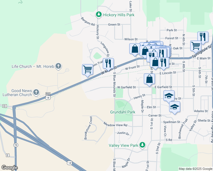 map of restaurants, bars, coffee shops, grocery stores, and more near 421 West Garfield Street in Mount Horeb