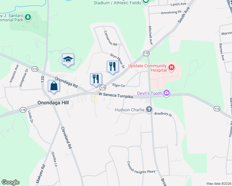 map of restaurants, bars, coffee shops, grocery stores, and more near 4937 West Seneca Turnpike in Syracuse