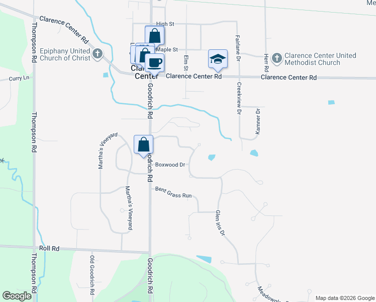 map of restaurants, bars, coffee shops, grocery stores, and more near 5800 Woodruff Drive in Clarence Center