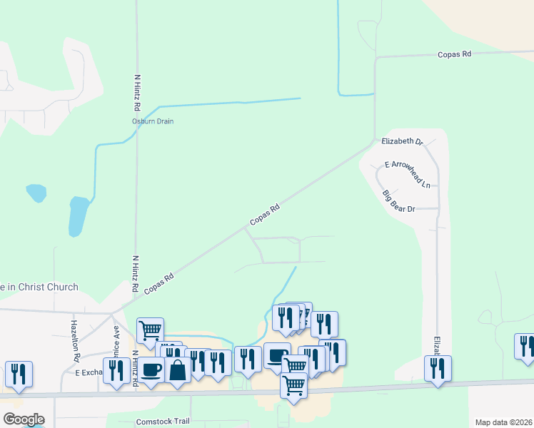 map of restaurants, bars, coffee shops, grocery stores, and more near 1845 Woodland Drive in Owosso