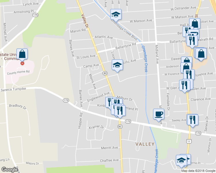 map of restaurants, bars, coffee shops, grocery stores, and more near 1200 Valley Drive in Syracuse