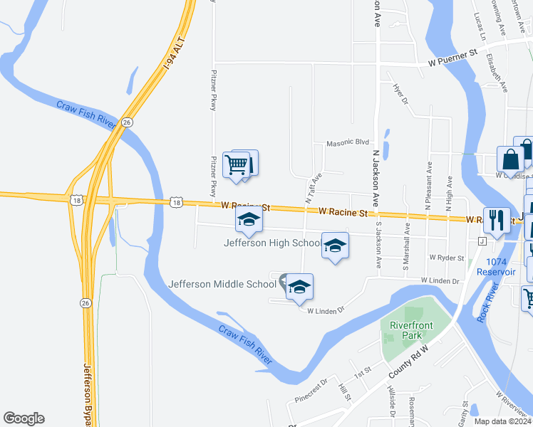 map of restaurants, bars, coffee shops, grocery stores, and more near 870 West Racine Street in Jefferson