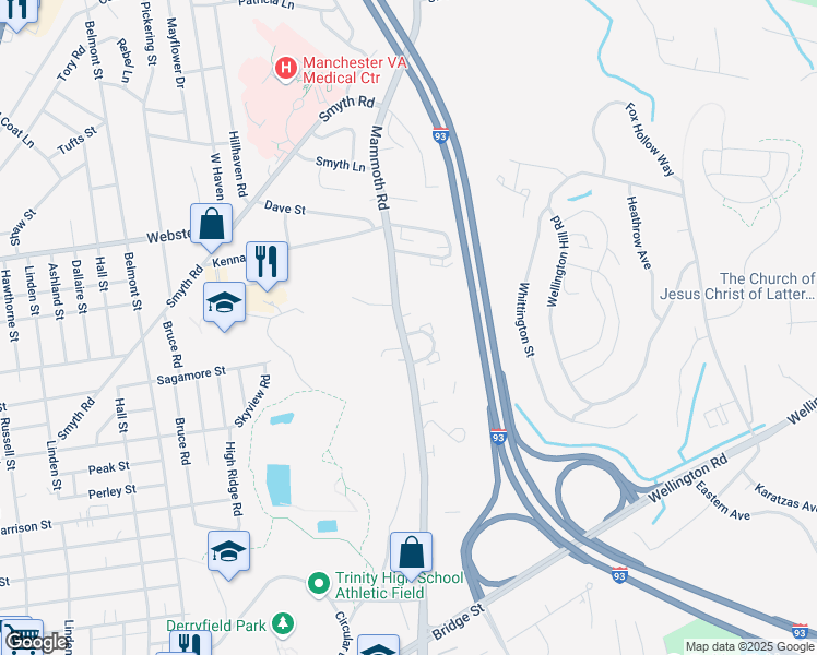 map of restaurants, bars, coffee shops, grocery stores, and more near 925 Mammoth Road in Manchester