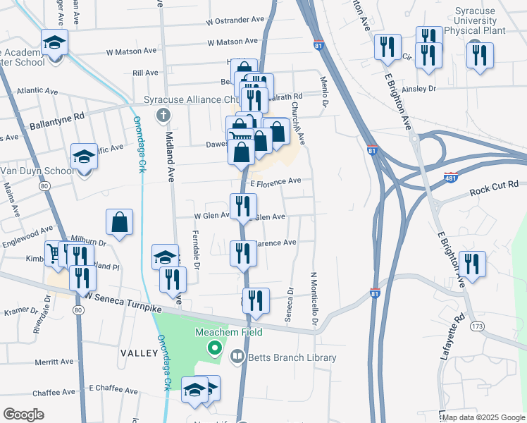map of restaurants, bars, coffee shops, grocery stores, and more near 219 Randolph Street in Syracuse