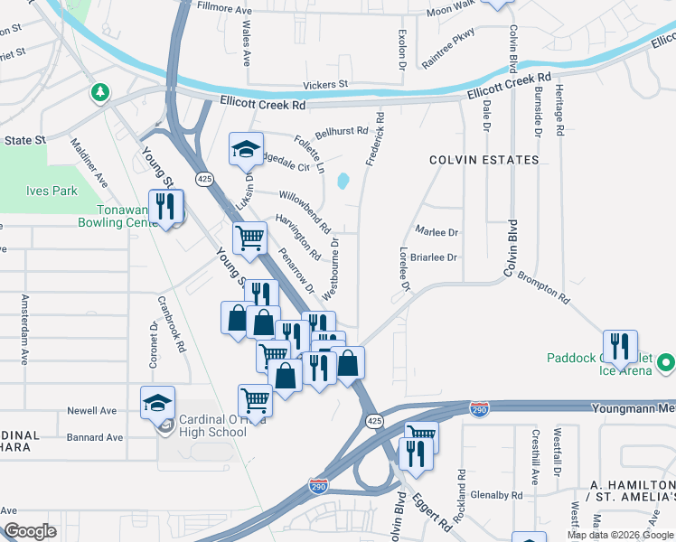 map of restaurants, bars, coffee shops, grocery stores, and more near 49 Westbourne Drive in Tonawanda