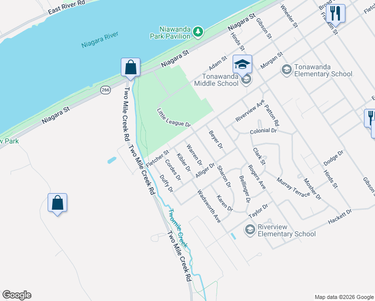 map of restaurants, bars, coffee shops, grocery stores, and more near 36 Warren Drive in Tonawanda