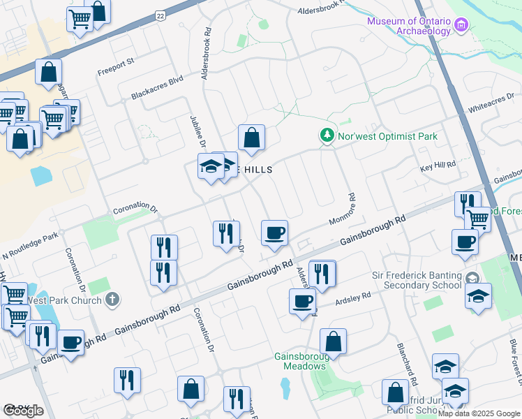 map of restaurants, bars, coffee shops, grocery stores, and more near 1543 Aldersbrook Road in London