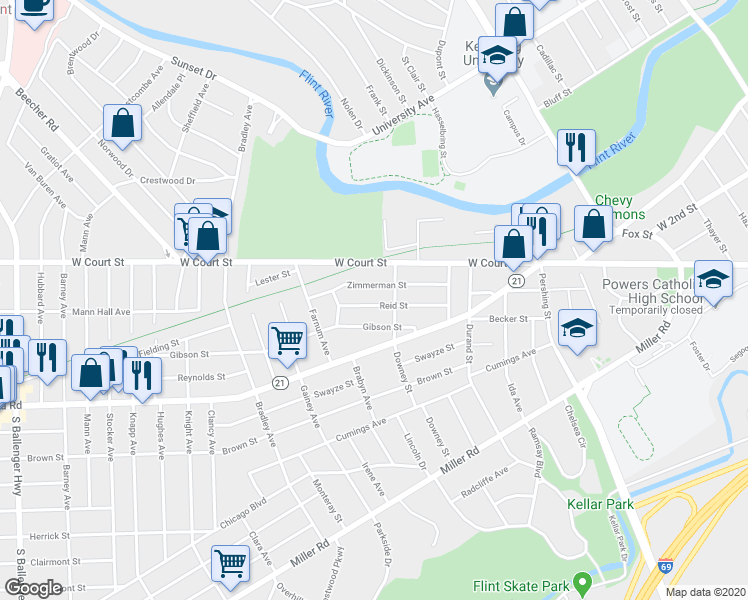 map of restaurants, bars, coffee shops, grocery stores, and more near 2418 Gibson Street in Flint