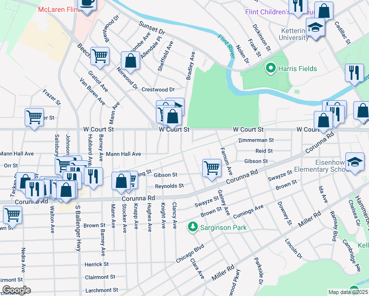 map of restaurants, bars, coffee shops, grocery stores, and more near 959 Bradley Avenue in Flint