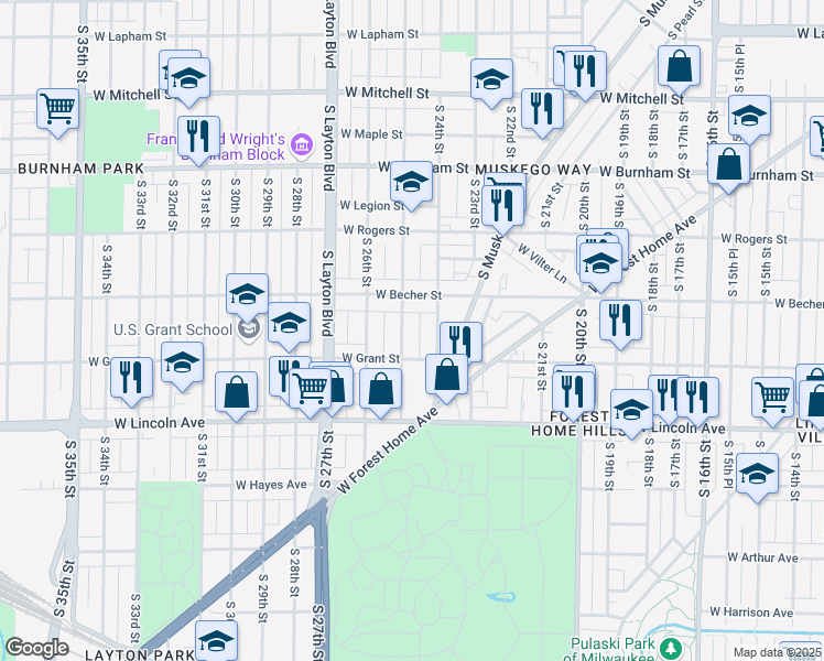 map of restaurants, bars, coffee shops, grocery stores, and more near 2172 South 25th Street in Milwaukee