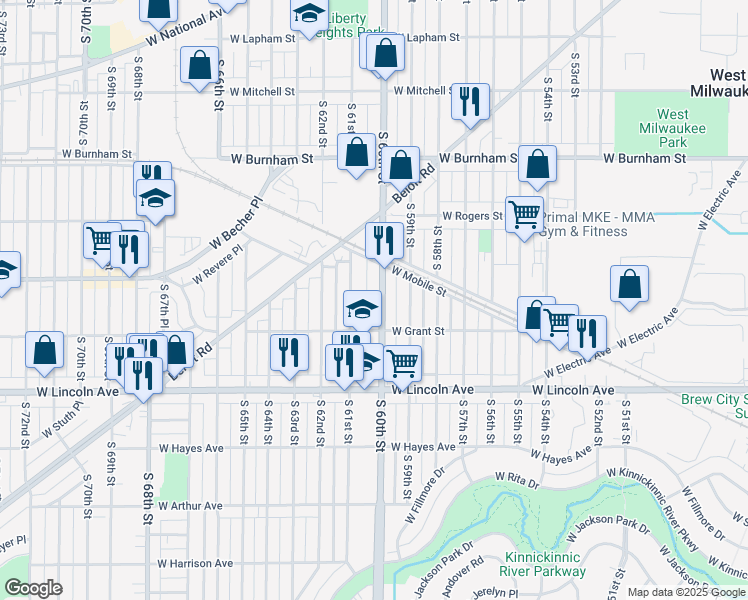 map of restaurants, bars, coffee shops, grocery stores, and more near 2168 South 61st Street in West Allis