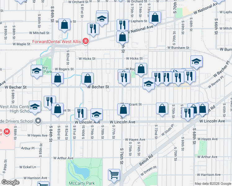 map of restaurants, bars, coffee shops, grocery stores, and more near 2161 South 76th Street in West Allis