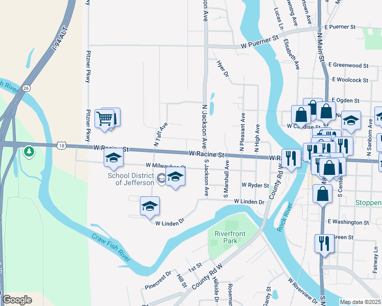 map of restaurants, bars, coffee shops, grocery stores, and more near 629 West Milwaukee Street in Jefferson