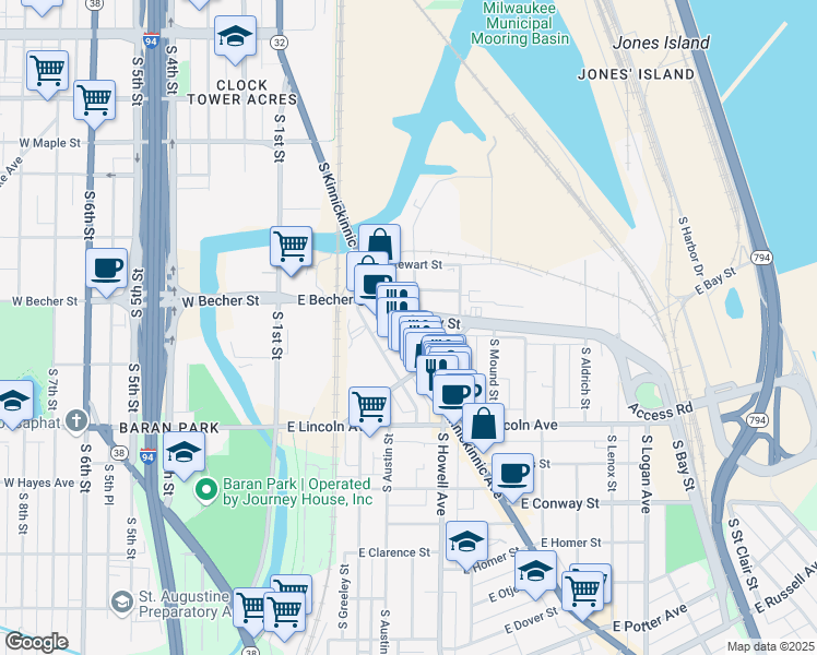 map of restaurants, bars, coffee shops, grocery stores, and more near 2173 South Kinnickinnic Avenue in Milwaukee