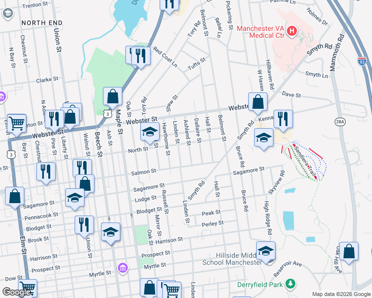 map of restaurants, bars, coffee shops, grocery stores, and more near 262 Ashland Street in Manchester