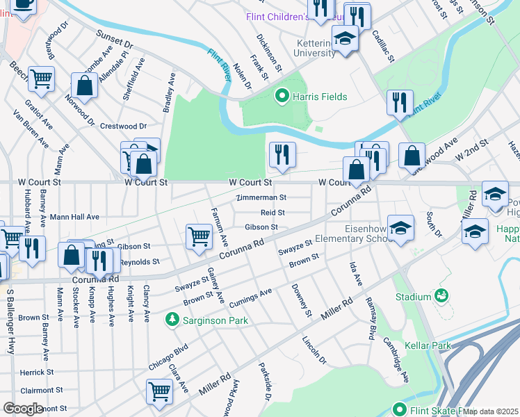 map of restaurants, bars, coffee shops, grocery stores, and more near 2418 Gibson Street in Flint