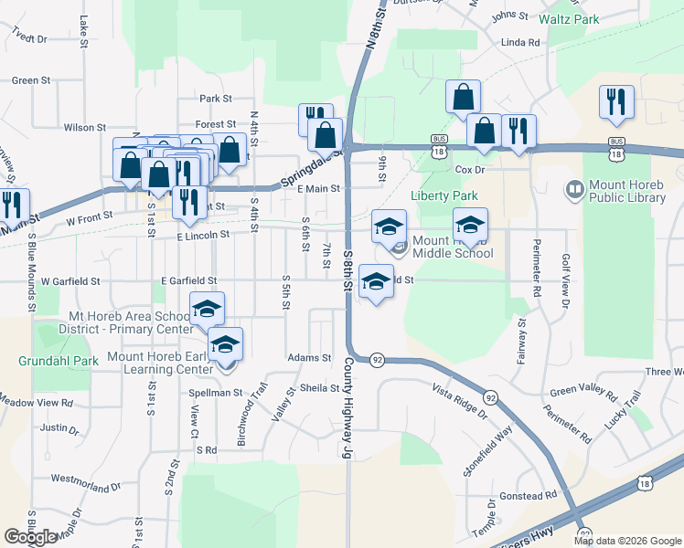 map of restaurants, bars, coffee shops, grocery stores, and more near 306 South 8th Street in Mount Horeb