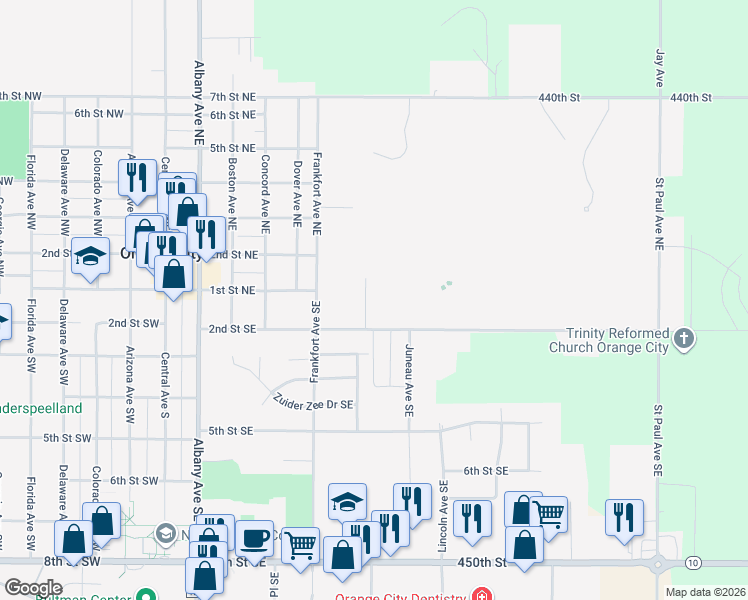 map of restaurants, bars, coffee shops, grocery stores, and more near 105 Jefferson Avenue Southeast in Orange City