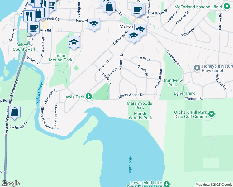 map of restaurants, bars, coffee shops, grocery stores, and more near 6316 Sighting Road in McFarland