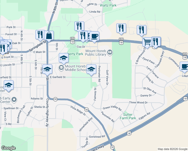 map of restaurants, bars, coffee shops, grocery stores, and more near 205 Hanneman Boulevard in Mount Horeb