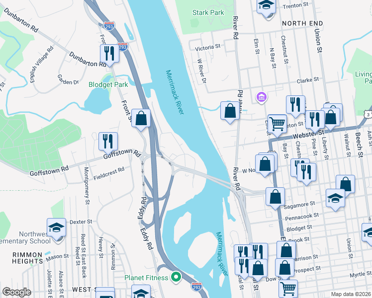 map of restaurants, bars, coffee shops, grocery stores, and more near 111 Front Street in Manchester
