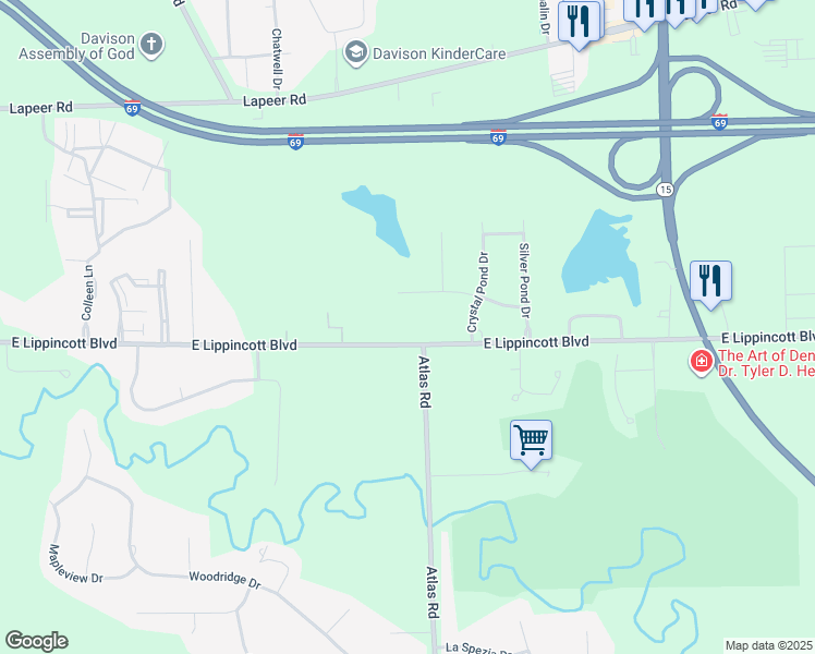 map of restaurants, bars, coffee shops, grocery stores, and more near 9245 East Lippincott Boulevard in Davison