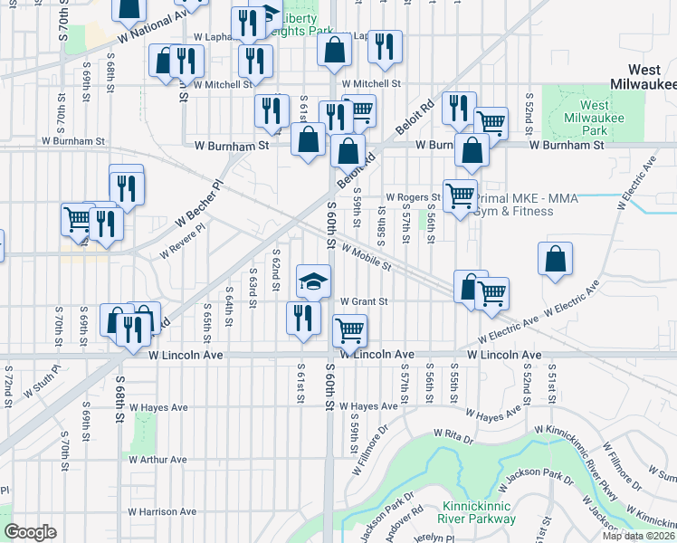 map of restaurants, bars, coffee shops, grocery stores, and more near 2114 South 60th Street in West Allis