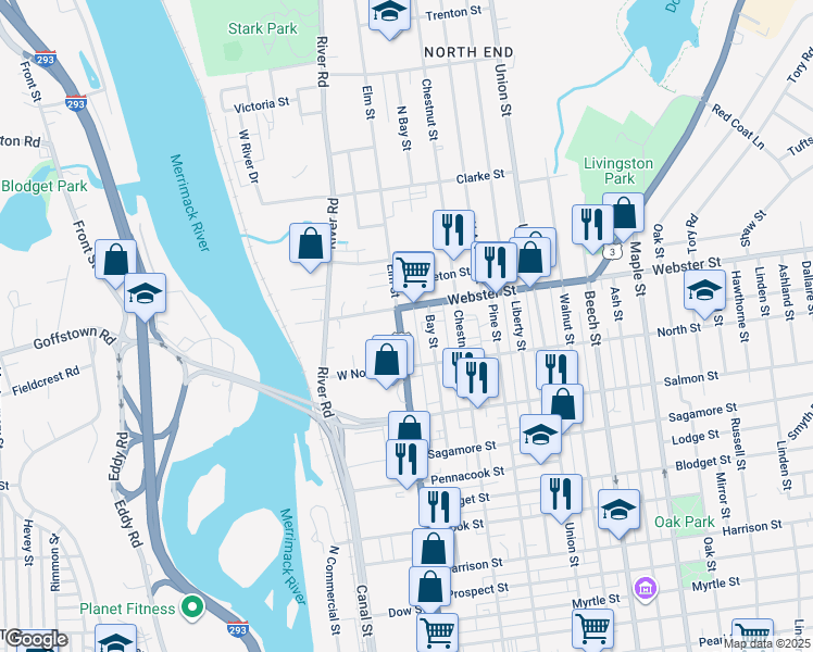 map of restaurants, bars, coffee shops, grocery stores, and more near 20 Webster Street in Manchester