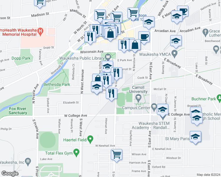 map of restaurants, bars, coffee shops, grocery stores, and more near 316 Williams Street in Waukesha