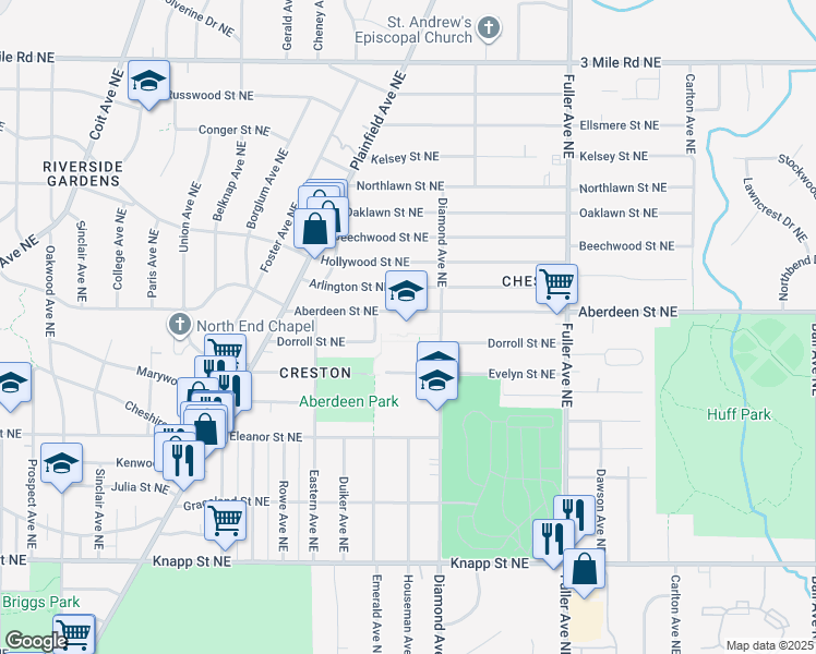 map of restaurants, bars, coffee shops, grocery stores, and more near 928 Aberdeen Street Northeast in Grand Rapids