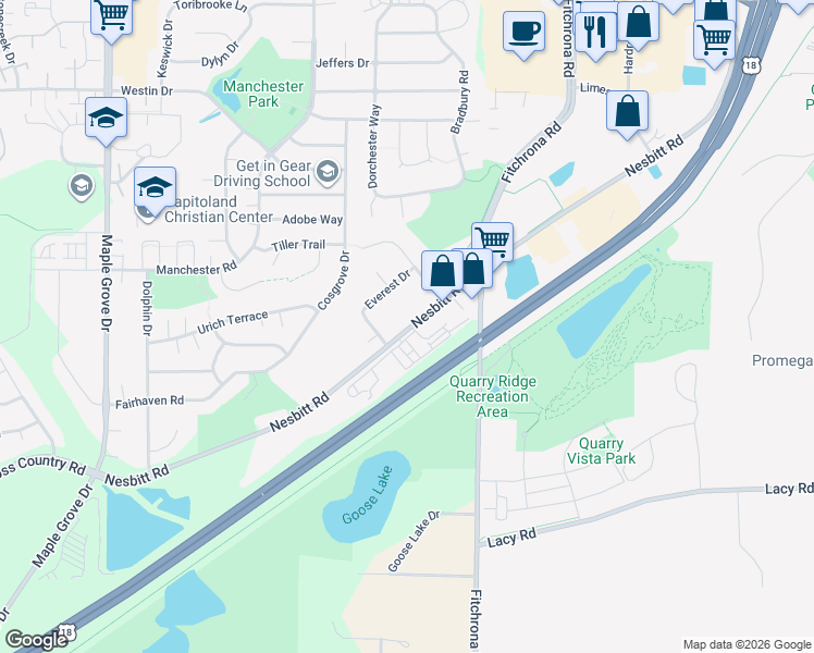 map of restaurants, bars, coffee shops, grocery stores, and more near 6374 Nesbitt Road in Madison
