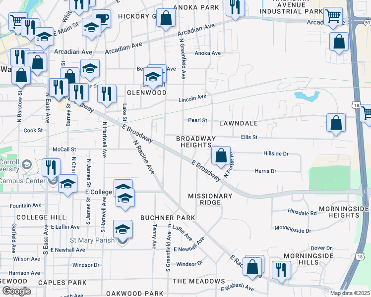 map of restaurants, bars, coffee shops, grocery stores, and more near in Waukesha