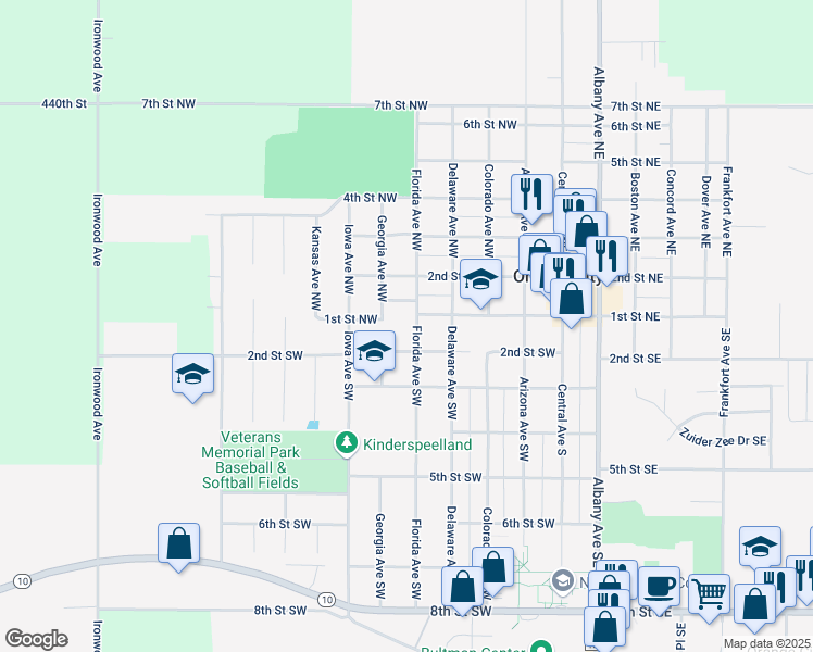 map of restaurants, bars, coffee shops, grocery stores, and more near 100 Florida Avenue Northwest in Orange City